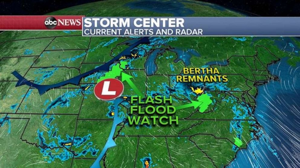 PHOTO: What’s left of Bertha is now moving through the Ohio Valley and parts of the Appalachian Mountains with flooding rain on Thursday.
