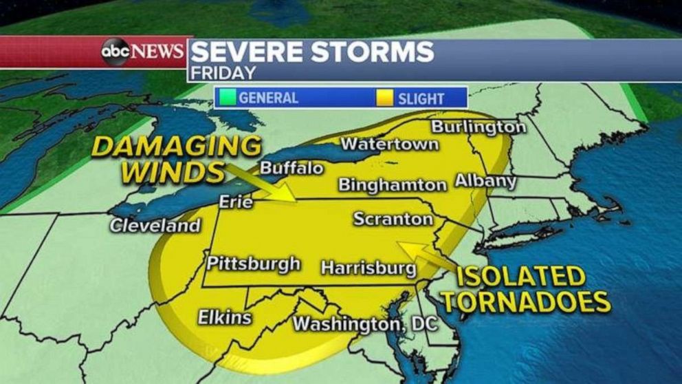 PHOTO: Part of the same storm system and a cold front will move into the Northeast Friday, producing severe weather.