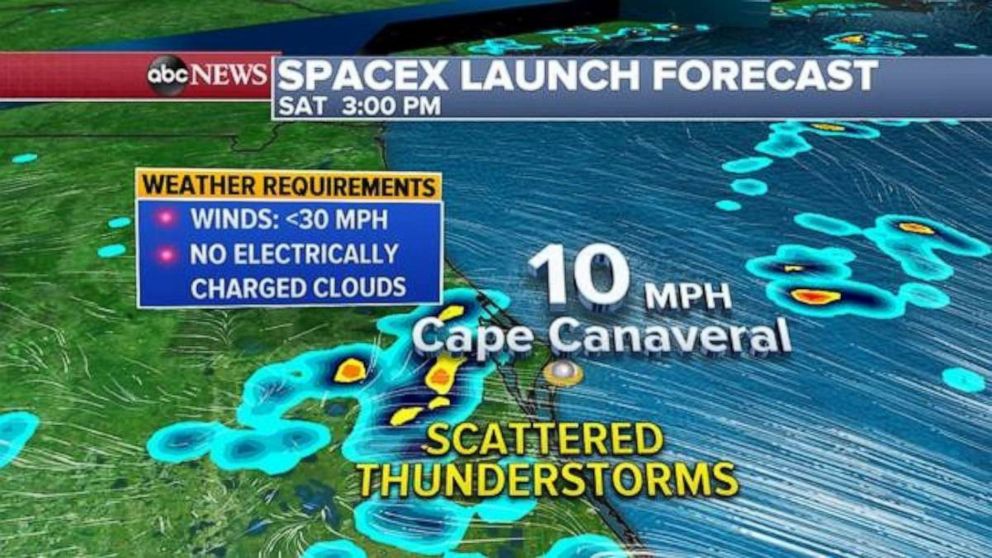 PHOTO: The forecast for NASA's SpaceX launch in Cape Canaveral Saturday, unfortunately, calls for scattered thunderstorms