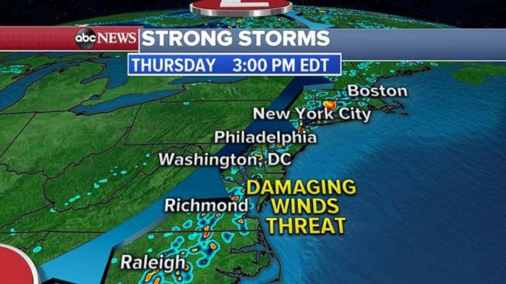 PHOTO: With daytime heating, these storms could become strong to severe with damaging winds, lightning and heavy rain by Thursday afternoon.