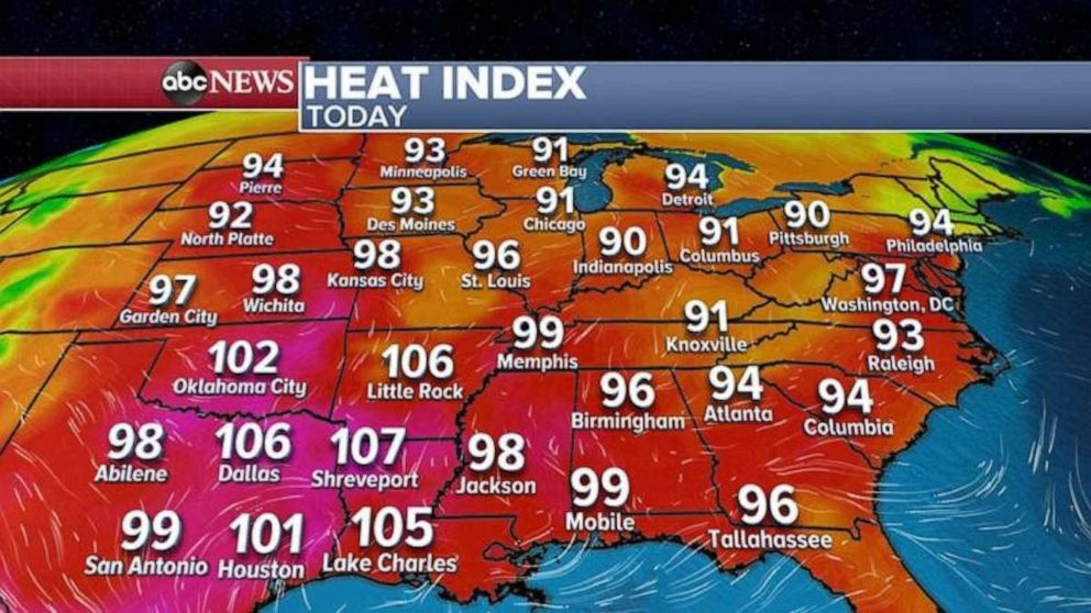 PHOTO: More heat and humidity east of the Rockies is in the forecast Friday, with most areas feeling like its 90 to 100 degrees. Some areas will feel closer to 110 degrees in the South-central states