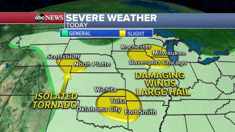 PHOTO: Severe storms are expected Thursday from Milwaukee, Wisconsin, and Chicago and down to Tulsa, Oklahoma, and Oklahoma City.