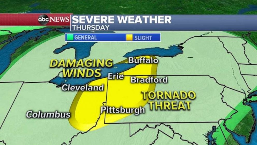 PHOTO: The same cold front that produced the tornadoes in Illinois Wednesday will move into the eastern Great Lakes Thursday, with a threat for more tornadoes from Ohio to western Pennsylvania and New York.