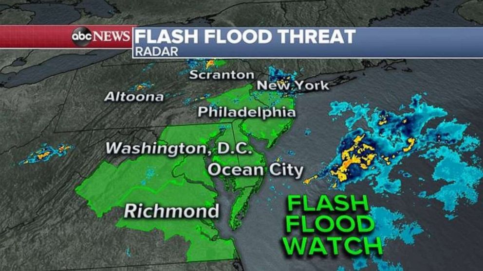 PHOTO: Flash flood watches are in effect from Virginia to New Jersey Friday. This alert including Washington, D.C., Baltimore, and Philadelphia.  