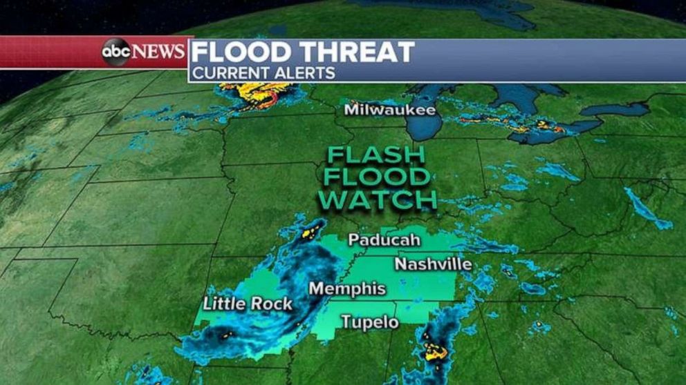 PHOTO: A flash flood watch has been issued for Arkansas, Mississippi, Alabama, Tennessee, Kentucky and Illinois, where some areas could see 3 to 5 inches of rain.   