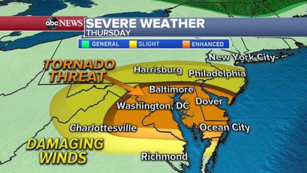 PHOTO: A frontal storm system will move into the Mid-Atlantic states Thursday and will bring a threat for damaging winds and tornadoes from Washington, D.C. to Philadelphia.