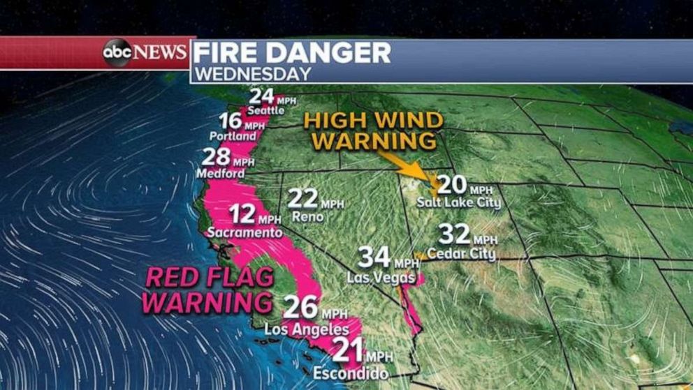 PHOTO: Red Flag Warnings have been issued from the Canadian border in Washington to the Mexican border in southern California.