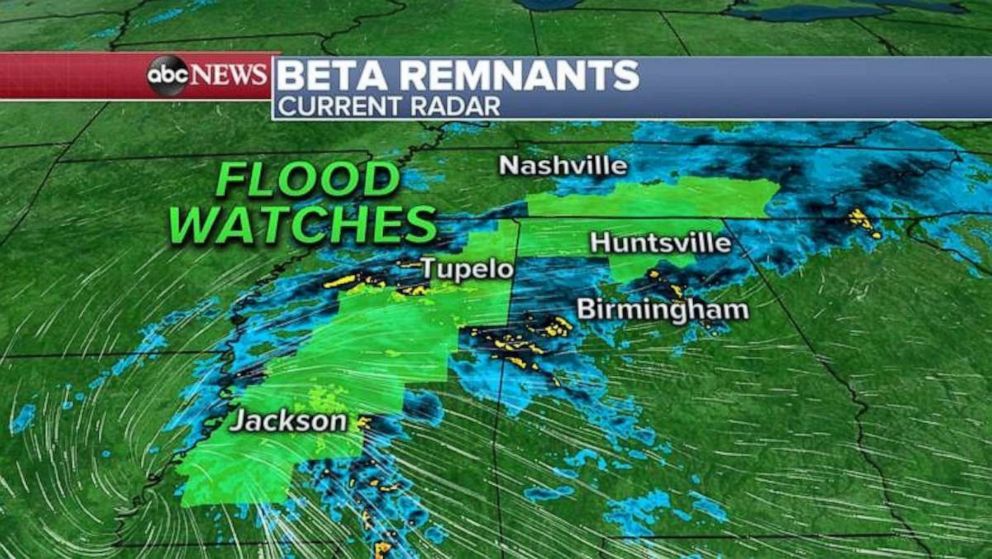 PHOTO: Flood watches have been issued for Mississippi, Alabama and southern Tennessee Thursday morning, as remnants of Beta slowly move northeast. 