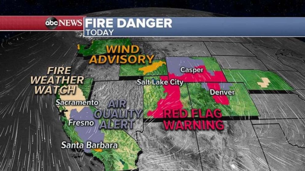 PHOTO: Already, a red flag warning and wind advisory have been issued for the Rockies and a fire weather watch has been issued for northern California.