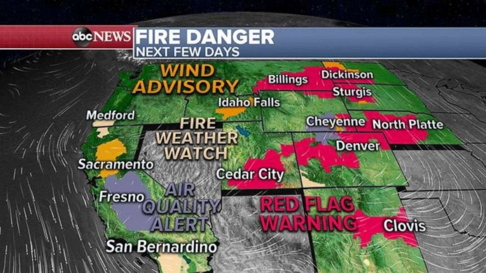 PHOTO: Already Saturday morning there are wind advisories, fire weather watches, red flag warnings and air quality alerts issued for parts of the western U.S.