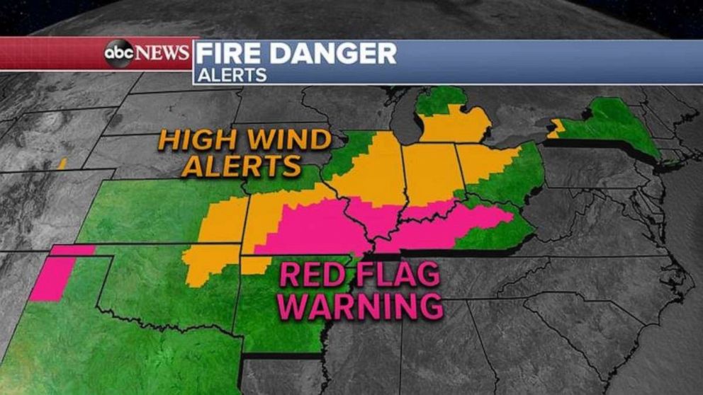 PHOTO: Fire danger and gusty winds move into the Plains, the Midwest and the Great Lakes Thursday, with 11 states, from Texas to New York, under red flag warnings and wind advisories.  
