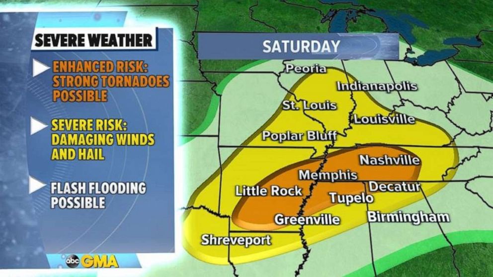 PHOTO: A few thunderstorms are already popping up Saturday morning across parts of Arkansas and Tennessee. However, as a larger storm system moves toward the region, numerous severe thunderstorms will develop later on Saturday.