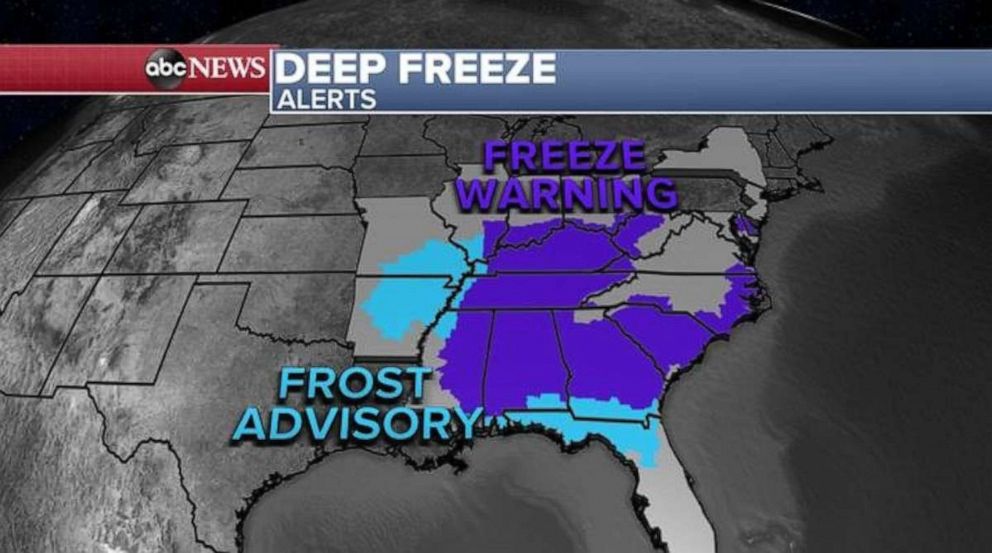 PHOTO: Up to 17 states are under freeze or frost alerts on Saturday.