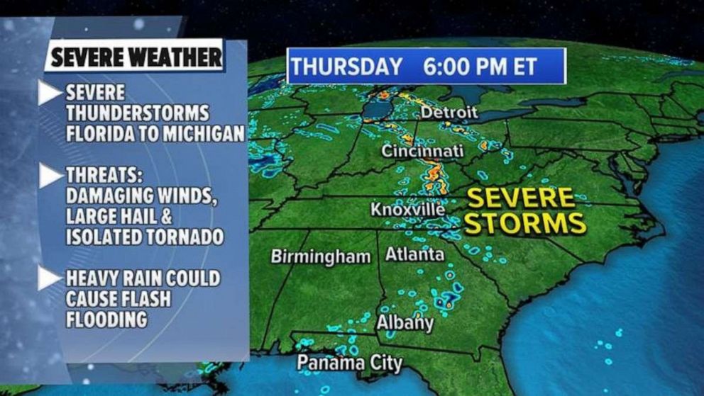 PHOTO: This storm system will then move east and north Thursday afternoon and the threat for severe thunderstorms will stretch from Florida all the way to Michigan. 