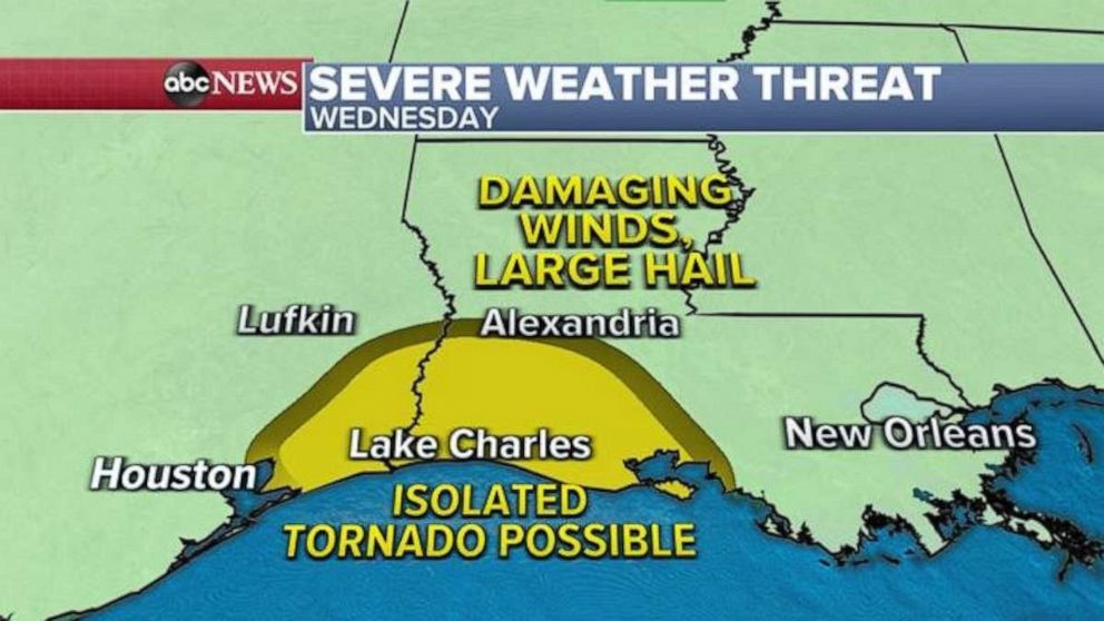 PHOTO: More severe weather is expected Wednesday from eastern Texas into Louisiana, where more straight-line damaging winds are possible. An isolated waterspout or a tornado cannot be ruled out.