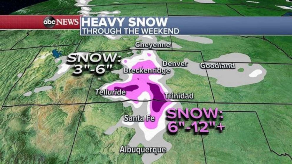 PHOTO: Snow will continue Friday in the central and southern Rockies, all the way to New Mexico, where some areas could see up to a foot of snow.  