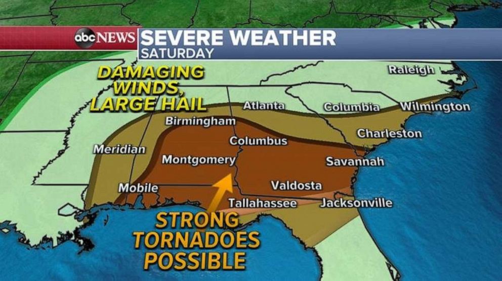 PHOTO: Strong tornadoes will be possible in southern Alabama and Southern Georgia. 