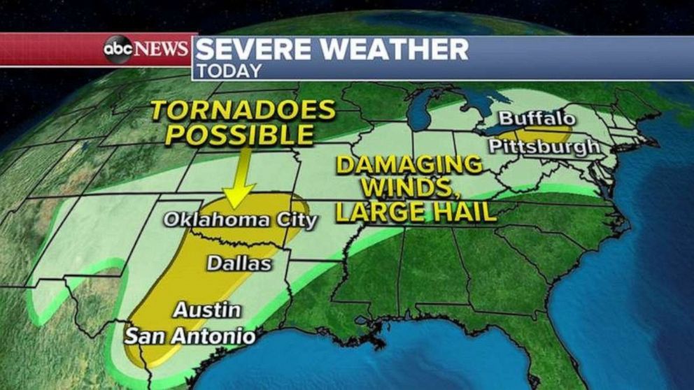 PHOTO: Severe storms are still impacting Texas to Oklahoma Wednesday, where a tornado watch is in effect through 11 a.m.