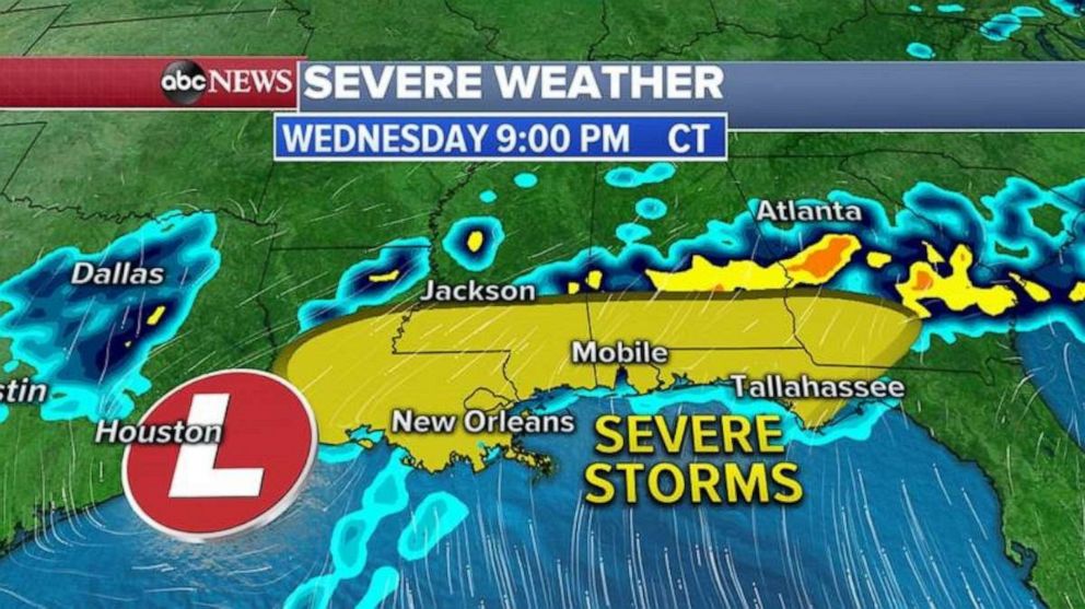 PHOTO: Wednesday afternoon and evening, a new low-pressure system will move out of Texas and will move east along the Gulf Coast.