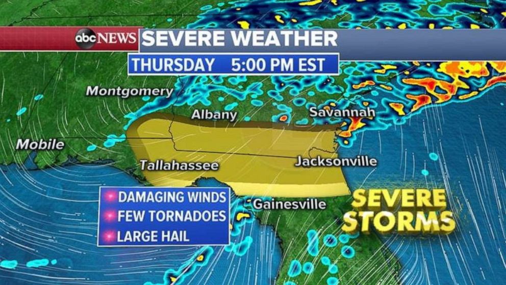 PHOTO: As the storm moves east Thursday, a severe threat will move into northern Florida and southern Georgia. Tornadoes, damaging straight-line winds and large hail all are possible.