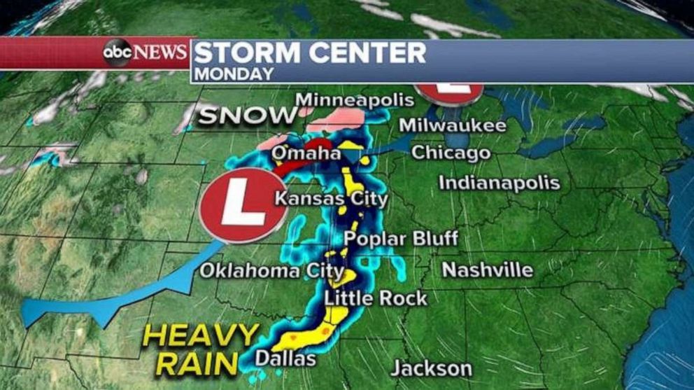 PHOTO: By Monday, another impulse will sneak in from the south and bring some light rain over parts of the Central Great Plains and Mississippi River valley