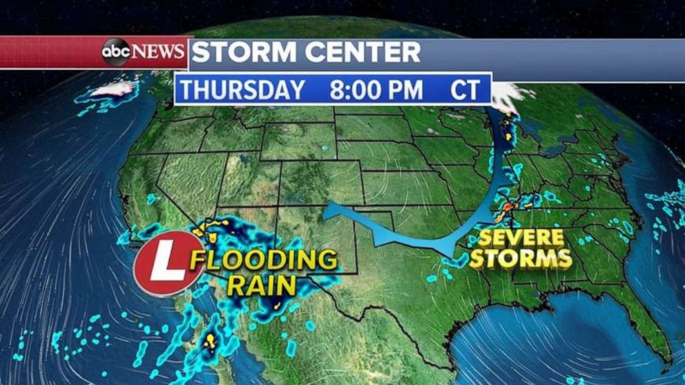 PHOTO: In the mid-South, more severe weather is expected with damaging winds, a few tornadoes and large hail