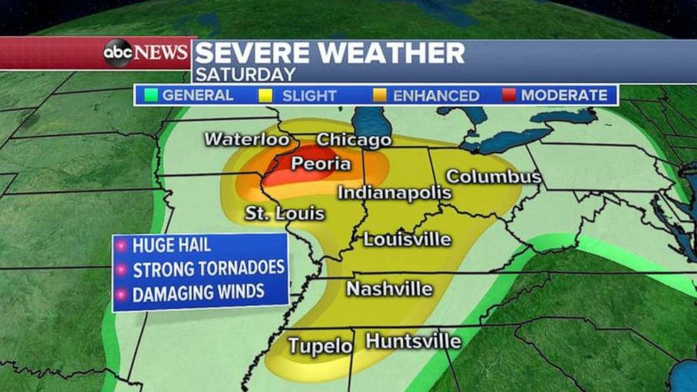 PHOTO: By Saturday, the center of the storm moves into the Midwest with an even higher threat for severe weather, including strong tornadoes.