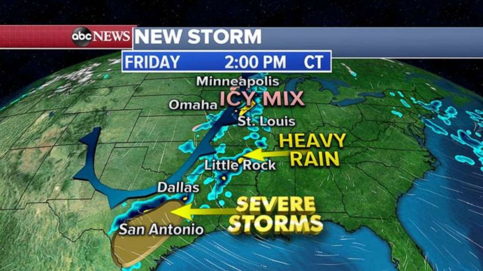PHOTO: Further east, from Nebraska, to western Iowa and into central Minnesota, ice and sleet are expected Thursday. This storm could cause very dangerous conditions on the roads.