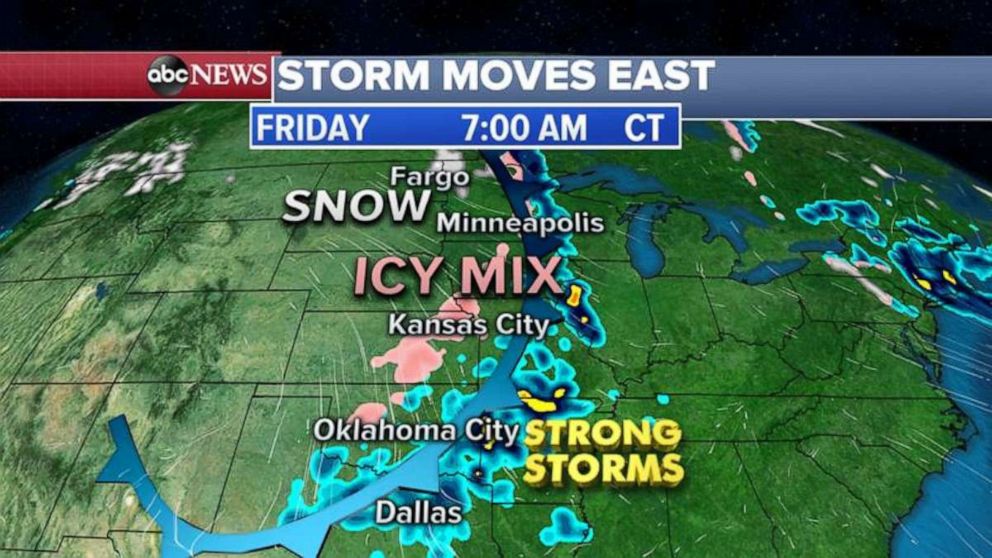 PHOTO: Seven states from Minnesota to Kansas are under ice and snow alerts Friday morning. 