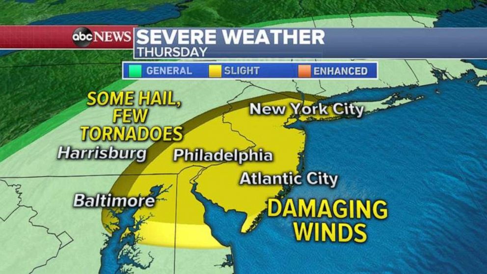PHOTO: The same cold front that brought Wednesday's severe weather will move into the Northeast and into the Deep South Thursday with damaging winds in the forecast.
