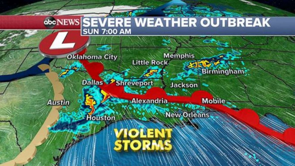 PHOTO: Short-term forecast models are showing a couple of segments of thunderstorms moving through eastern Texas, Arkansas and Louisiana on Sunday morning. Some of these storms could become severe.