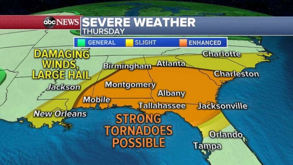 PHOTO: This storm system will move into the Southeast by Thursday, with the biggest tornado threat for Atlanta, Birmingham and Montgomery, Alabama