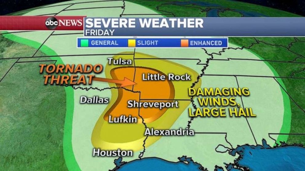 PHOTO: There is also a storm moving into the southern Plains Friday, where tornado threats are possible in Oklahoma, Arkansas, Texas and Louisiana.