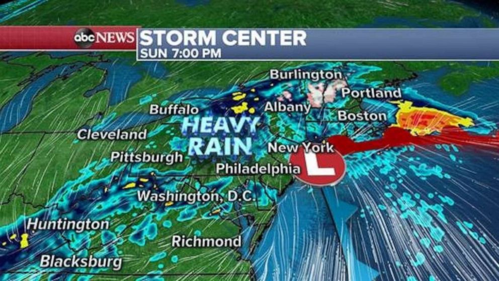 PHOTO: Then on Sunday, heavy rains will spread into parts of the mid-Atlantic and Northeast, with local downpours moving over parts of Delaware, Pennsylvania and New Jersey. Rain will move into New England during the day on Sunday. 