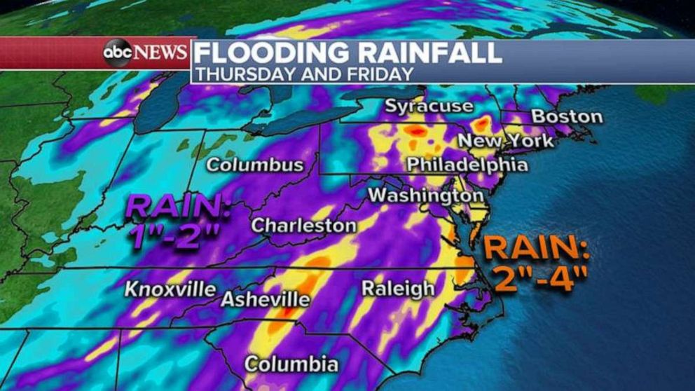 PHOTO: Some areas of the East Coast could see up to 3 to even 4 inches of rain on Thursday and Friday where flash flooding is possible.
