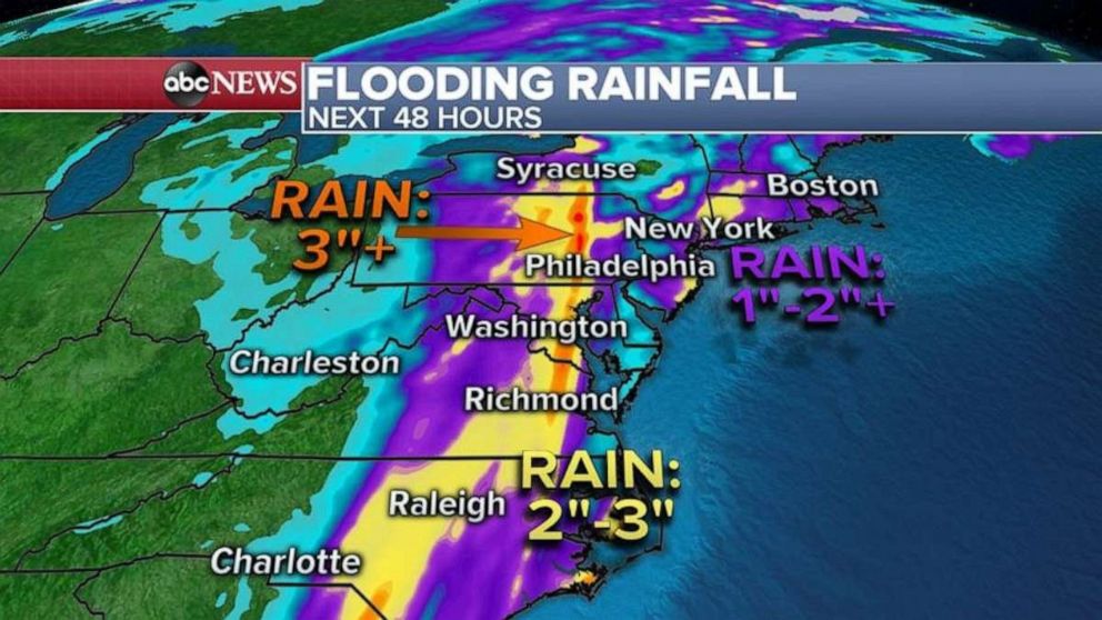 PHOTO: As this storm system moves through the East Coast over the next 24 to 48 hours, some areas could see more than 3 inches of rain.