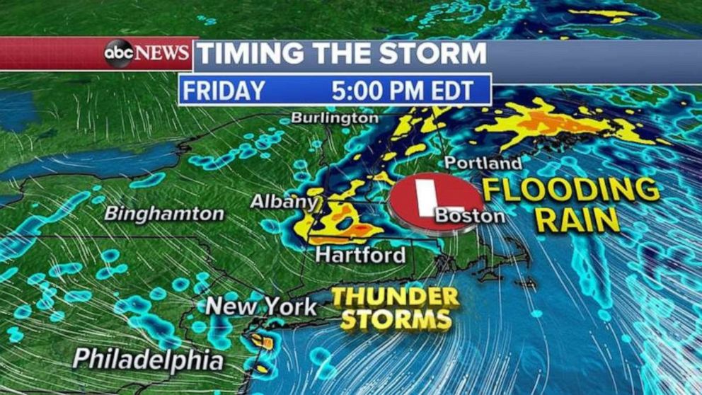 PHOTO: The storm system will pass over Long Island Friday morning and afternoon, spreading very heavy rain into Boston and coastal New England where flooding is possible.