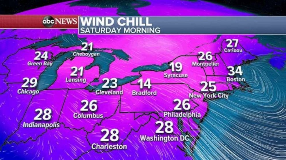 PHOTO: Wind chills Saturday in parts of the Midwest and Northeast are in the 20s and some teens. Just six days ago on May 3 it was 80 degrees in Central Park in New York City, but Saturday, the wind chill could be as low as 25 degrees. 
