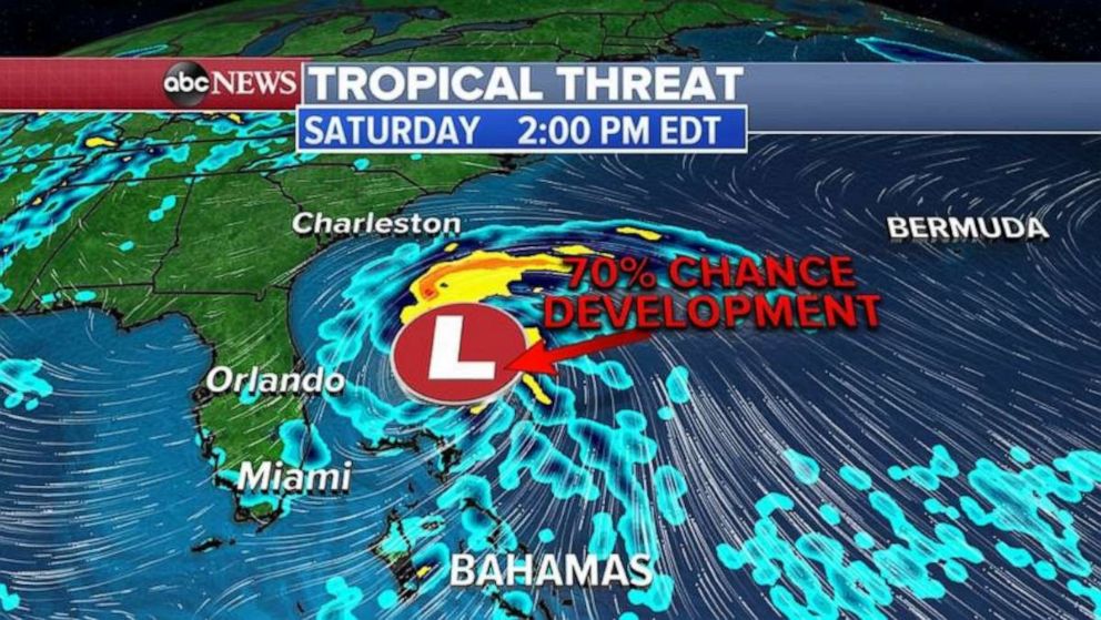 PHOTO: A tropical threat could become the first named storm system of the 2020 Hurricane season, which would be named Arthur. If it forms, it will develop Friday night into Saturday morning north of Bahamas.
