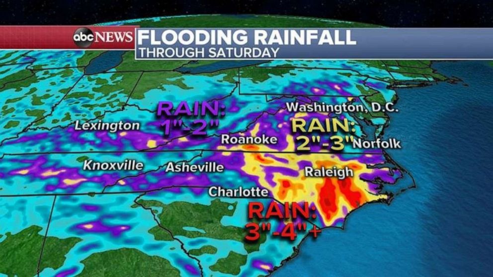 PHOTO: The heaviest rain will be from Virginia to North Carolina, where another 4 inches of rain could fall. More flooding and flash flooding are expected in the regions for the next 48 hours.