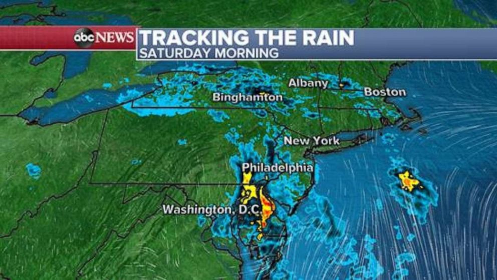 PHOTO: Showers will taper off throughout the afternoon hours Saturday for the mid-Atlantic states as the system moves into the Northeast. The damp weather exits the Northeast Saturday evening. 