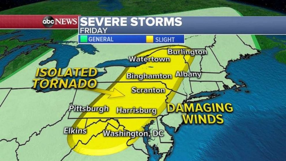 PHOTO: A cold front in the Midwest will combine with the southern storm system to create severe weather for the Northeast on Friday from Virginia all the way to Vermont.