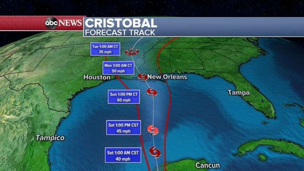 PHOTO: As it moves north, Cristobal will encounter a lot of atmospheric sheer and dry air, and because of that, it is only expected to have about 60 mph winds.