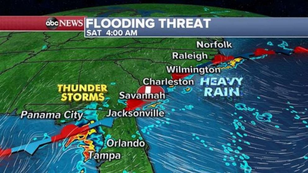 PHOTO: A flash flood watch has been issued for parts of Florida and Georgia Saturday. Thunderstorms with heavy rain are currently affecting parts of the Southeast, from Tampa, to the North Carolina and Virginia border.