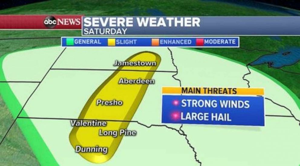 PHOTO: In the Plains Saturday a frontal boundary will drop and bring a severe weather threat from Nebraska to South Dakota. The main threats for will be strong winds and large hail Saturday, but an isolated tornado cannot be ruled out.