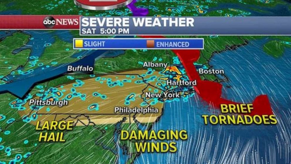 PHOTO: Another round of storms will fire up and move into parts of the Philadelphia and New York City metro areas Saturday afternoon where damaging winds, large hail, and brief tornadoes will be possible.