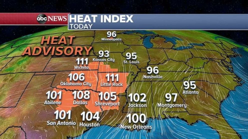 PHOTO: Seven states are under heat advisory Thursday, from Minnesota down to Louisiana, where high temperatures combined with high humidity make it feel like it’s over 100 degrees.