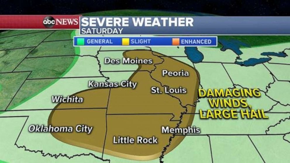 PHOTO: In the Midwest, another large area is at risk for severe weather Saturday from Oklahoma to Illinois. The threat will be damaging winds and large hail.