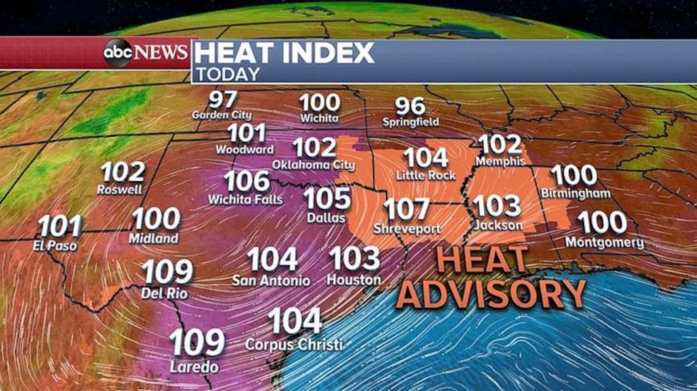 PHOTO: Eight states are under heat advisories Thursday, from Texas to Tennessee, where a combination of temperatures in the mid to upper 90s and high humidity will make it feel like it's 100 to 110 degrees.
