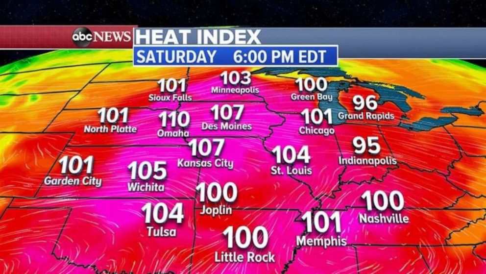 PHOTO: The core of the hottest weather will be in the Plains and western Great Lakes on Saturday, where it will feel like it's above 100 degrees from Kansas City, Missouri, to Chicago.